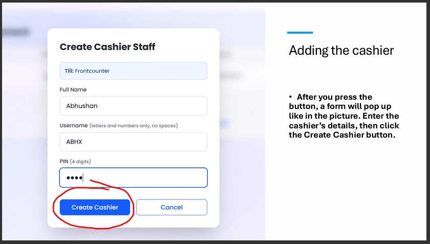 Create Cashier form