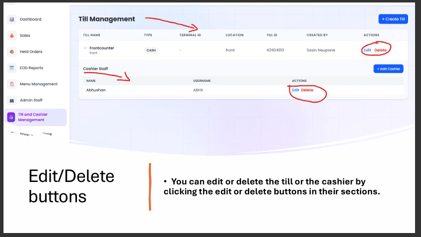 Edit and Delete for till and cashier