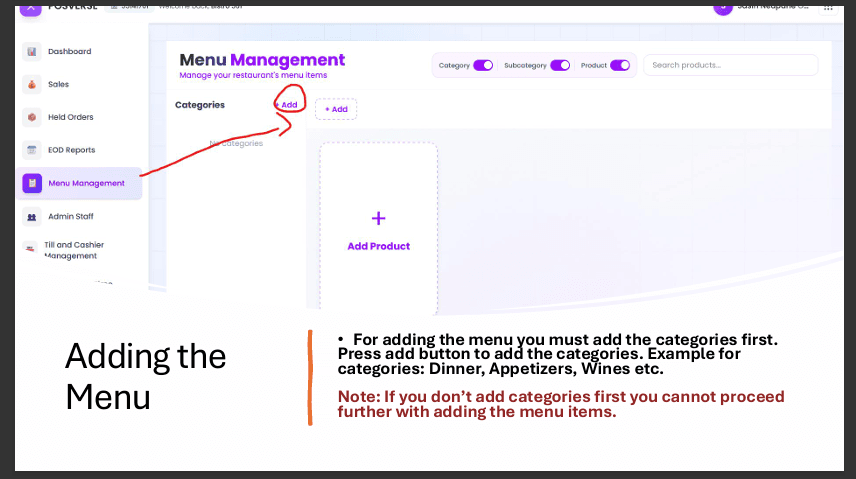 Menu Management Add categories
