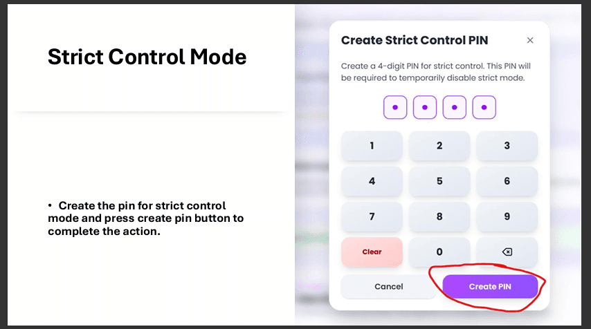 Create Strict Control PIN modal
